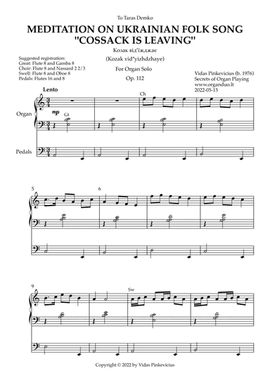 Meditation on Ukrainian Folk Song "Cossack Is Leaving", Op. 112 (Organ Solo) by Vidas Pinkevicius