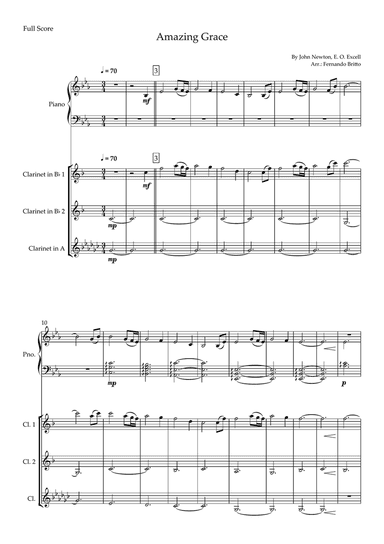 Amazing Grace (John Newton, E. O. Excell) for Clarinet Trio and and Piano Accompaniment with Chords