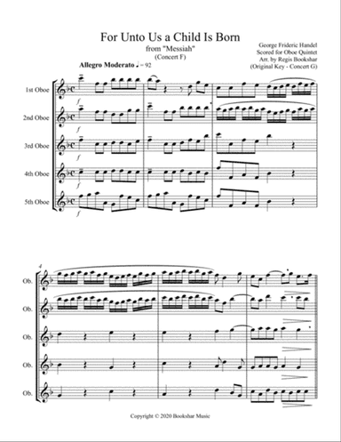 For Unto Us a Child is Born (from "Messiah") (F) (Oboe Quintet)