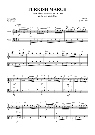 Turkish March - Violin and Viola (with bowings and chords)