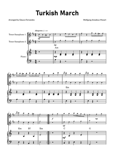 Turkish March by Mozart - Tenor Saxophone Duet with Piano and Chord Notations