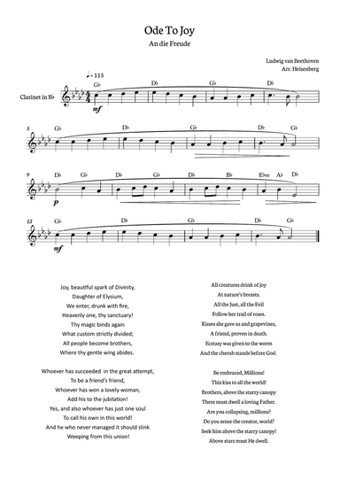 Beethoven - Ode to Joy for clarinet with chords in Gb major.