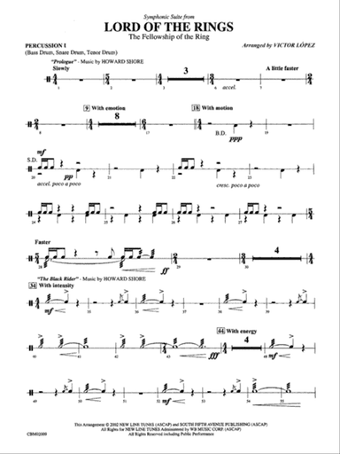 The Lord of the Rings: The Fellowship of the Ring, Symphonic Suite from: 1st Percussion