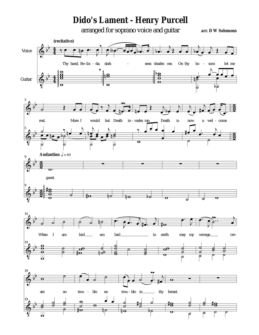 Dido's Lament - When I am laid in earth - arranged for soprano and guitar.