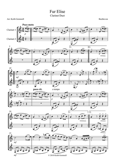 Fur Elise - Clarinet Duet