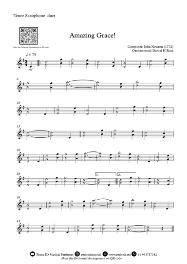 Amazing Grace How Sweet the sound - Easy Tenor Saxophone Duet