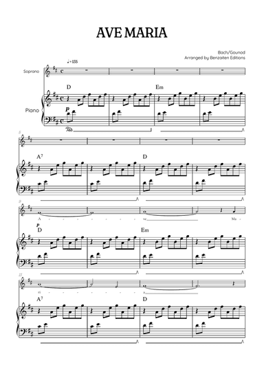Bach / Gounod Ave Maria in D major • soprano sheet music with piano accompaniment and chords