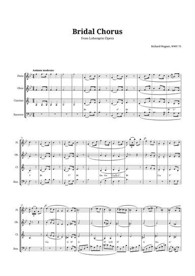 Bridal Chorus by Wagner for Woodwind Quartet with Chords