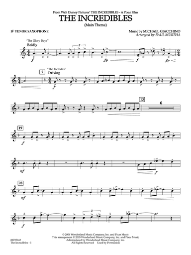 The Incredibles (Main Theme) (arr. Paul Murtha) - Bb Tenor Saxophone