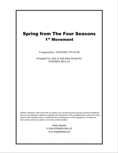 Spring - 1st Movement from "The Four Seasons" (Vivaldi) - Viola lead sheet (key of G)