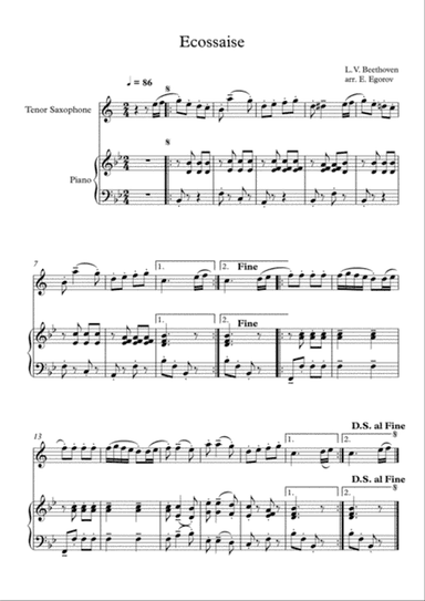Ecossaise, Ludwig Van Beethoven, For Tenor Saxophone & Piano