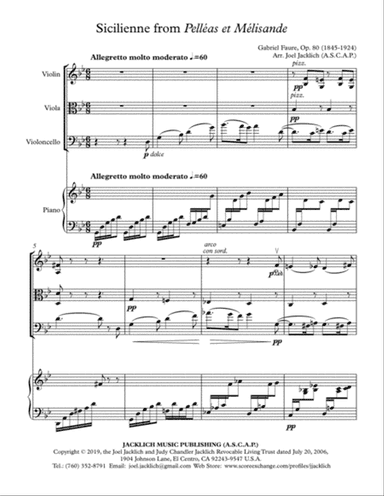 Sicilienne from Pelleas et Melisande for Piano Quartet