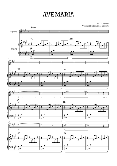 Bach / Gounod Ave Maria in A Major • soprano sheet music with piano accompaniment with chords