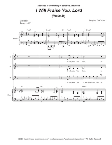 I Will Praise You, Lord (Psalm 30) (Vocal Trio - (SAB)