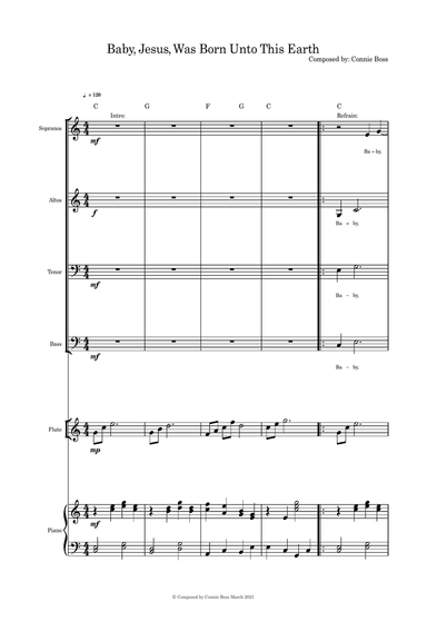 Baby, Jesus, Was Born Unto This Earth - SATB flute or violin or cello and piano with parts