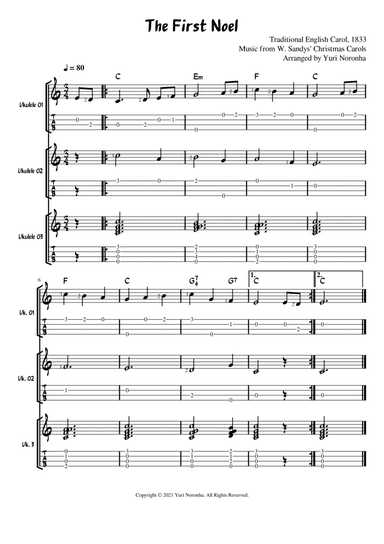 The First Noel - For three Ukulele voices (two melodies and chords) - Very easy Christmas Carols