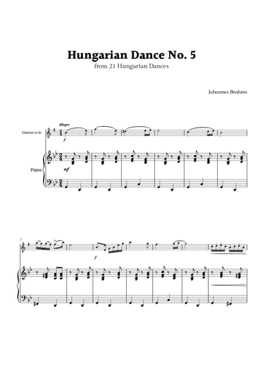 Hungarian Dance No. 5 by Brahms for Eâ™ Clarinet and Piano