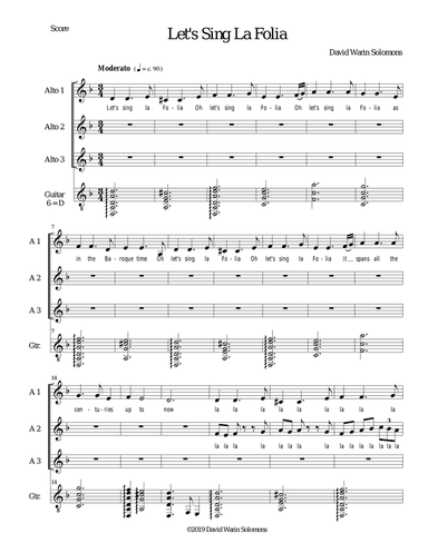 Let's Sing La Folia for three alto parts and guitar