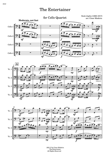 The Entertainer by Joplin - Cello Quartet (Full Score and Parts)