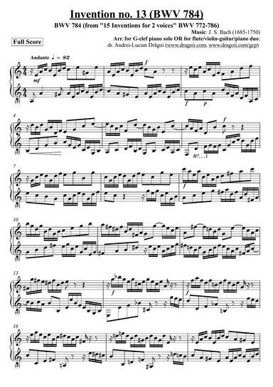 Bach (J.S.) - Invention no. 13 (BWV 784) - arr. for G-clef piano solo OR for flute/violin-guitar/pia