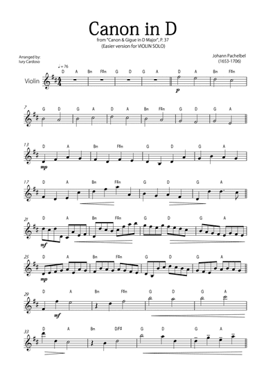 "Canon in D" by Pachelbel - EASY version for VIOLIN SOLO.