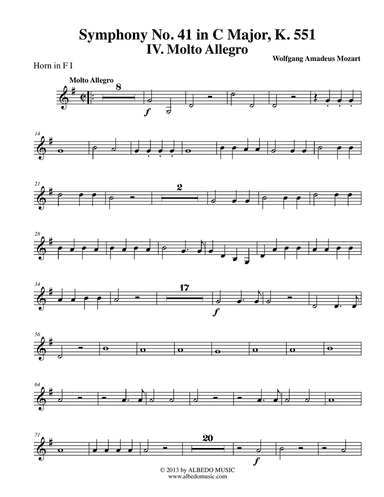 Mozart Symphony No. 41, Jupiter, Movement IV - Horn in F 1 (Transposed Part), K. 551