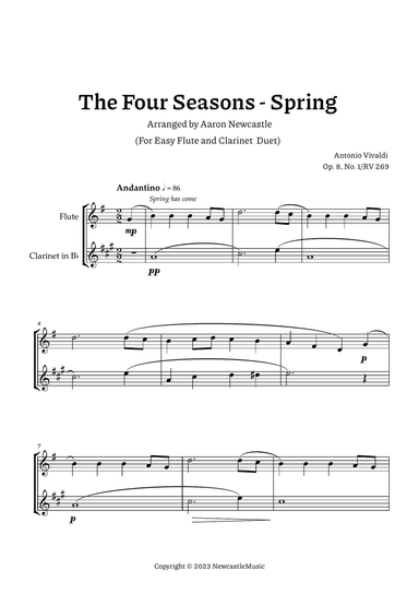 Vivaldi, Spring (The Four Seasons) — For Easy Flute and Clarinet Duet. Score and Parts