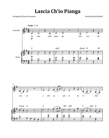 Lascia Ch'io Pianga by Händel - Contralto & Piano in G Major with Chord Notation