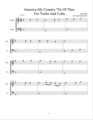 My Country 'Tis Of Thee-America For Violin And Cello