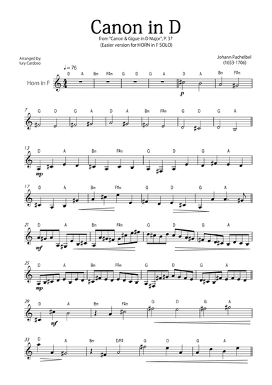 "Canon in D" by Pachelbel - EASY version for HORN in F SOLO.