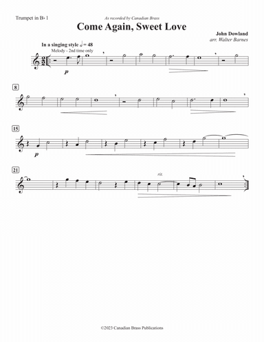 Come Again, Sweet Love - Bb Trumpet 1