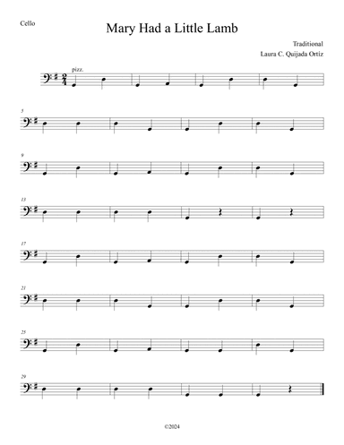 Mary had a Little Lamb. EASY. Open strings and first finger. Score & parts.