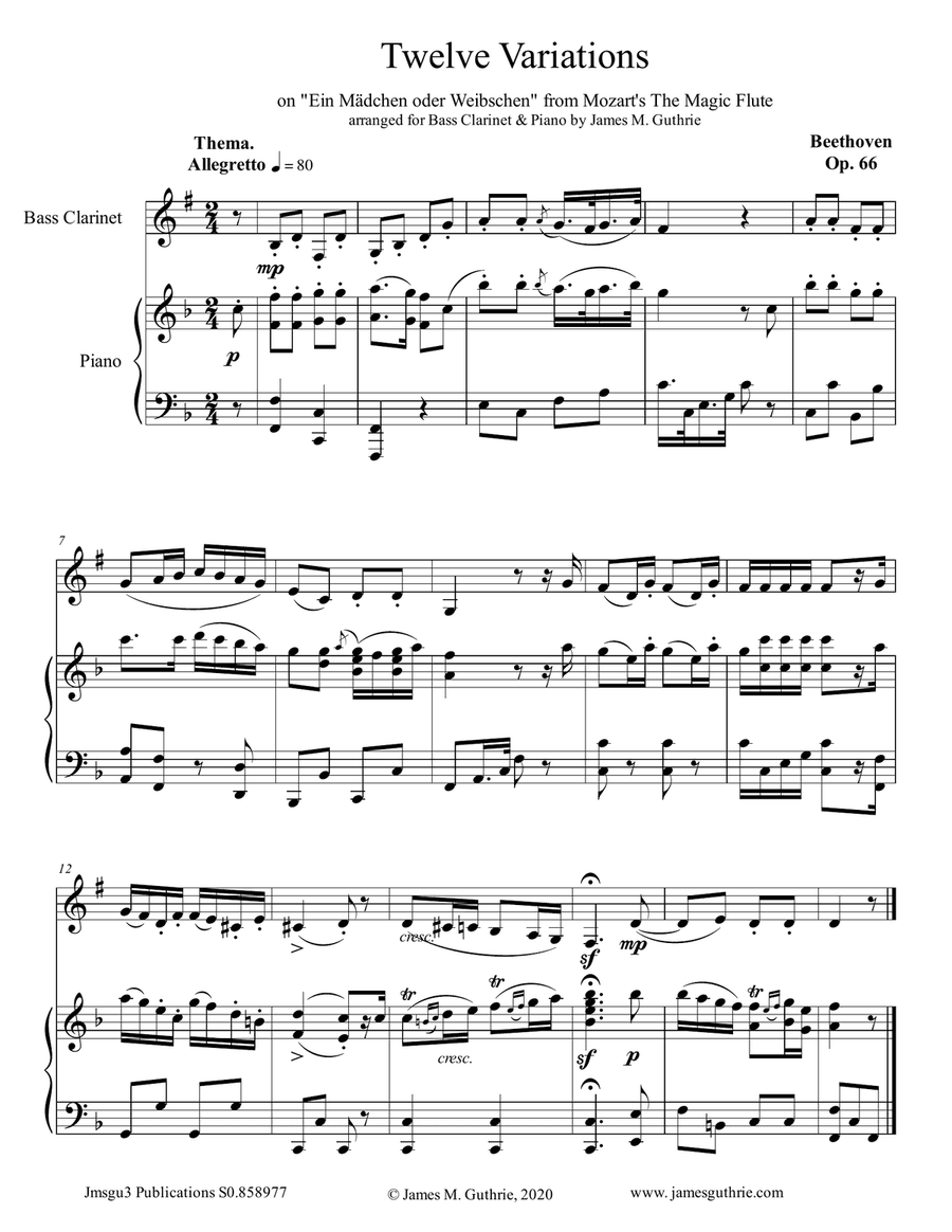 Beethoven: 12 Variations Op. 66 for Bass Clarinet & Piano