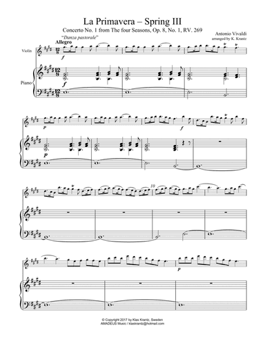 Allegro (iii) from La Primavera (Spring) RV. 269 for violin and piano