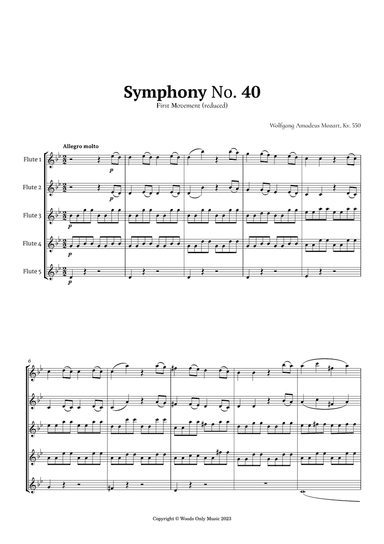 Symphony No. 40 by Mozart for Flute Quintet