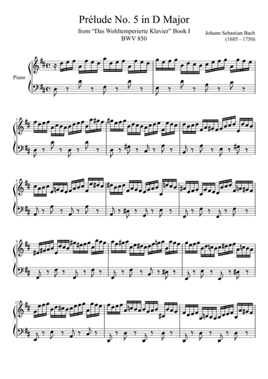 Prelude No. 5 BWV 850 in D Major