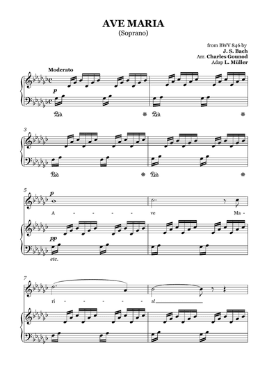 AVE MARIA - Bach/Gounod. For Soloist Soprano in G-flat Major with Piano Accompaniment