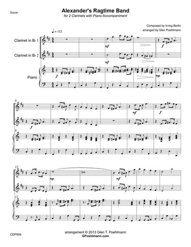 ALEXANDER'S RAGTIME BAND for 2 CLARINETS with Piano Accompaniment