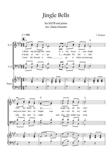 Jingle Bells (A major - SATB - with chords - with piano -two staff)