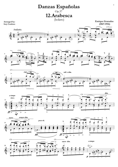 Guitar arrangement of the "Spanish dance No.12" (Danza Española n°12 "Arabesca")