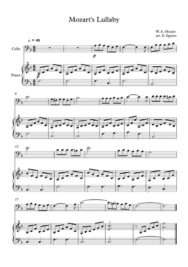 Mozart's Lullaby, For Cello & Piano