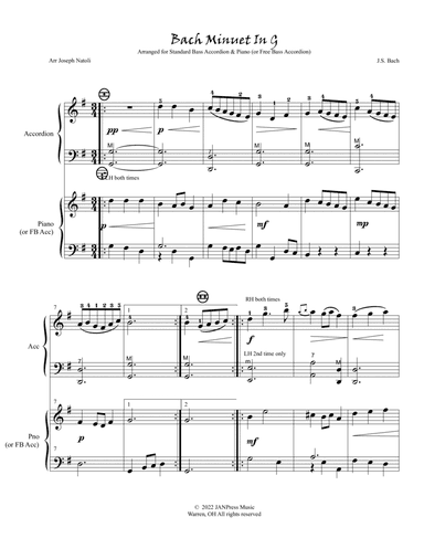 Bach Minuet In G Duet (for SB accordion & Piano or FB accordion)