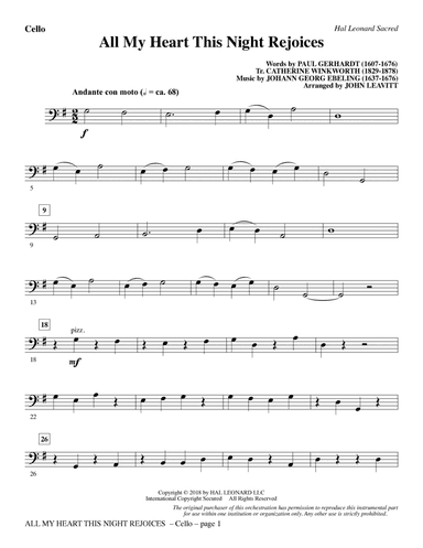 All My Heart This Night Rejoices (arr. John Leavitt) - Cello