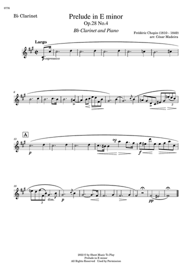 Prelude in E minor by Chopin - Bb Clarinet and Piano (Individual Parts)