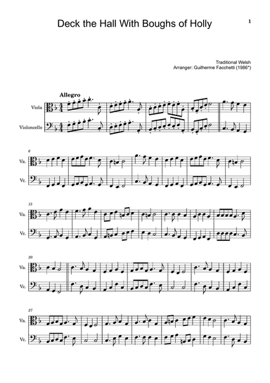 Traditional Welsh - Deck the Hall With Boughs of Holly. For Viola and Violoncello. Score and Parts