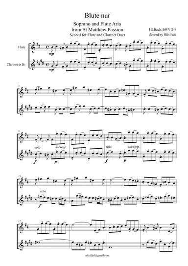 J S Bach Blute nur from St Matthew Passion, BWV 244. Flute and Clarinet Duet