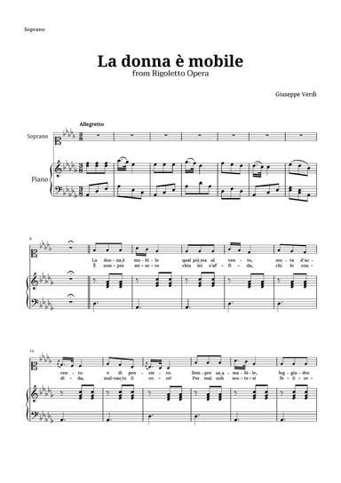 La donna è mobile in D-flat major for Soprano and Piano