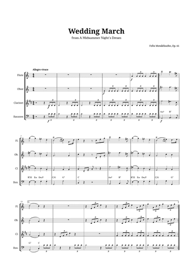 Wedding March by Mendelssohn for Woodwind Quartet with Chords