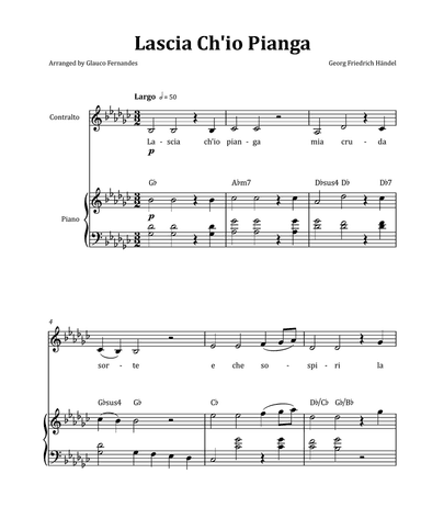 Lascia Ch'io Pianga by Händel - Contralto & Piano in G-flat Major with Chord Notation