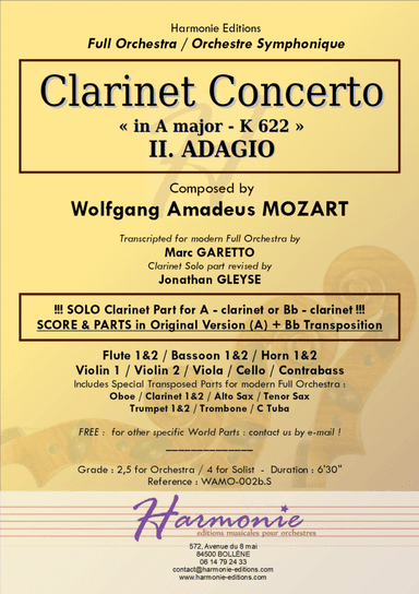 MOZART Clarinet Concerto K 622 - II. ADAGIO // for Bb clarinet or A clarinet // Original or Modern F